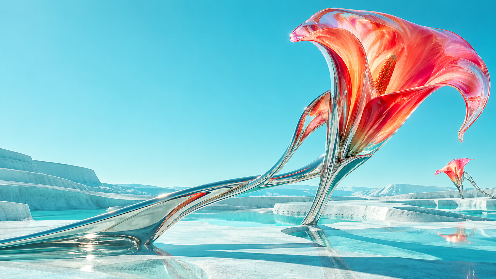 A translucent coral glass flower on a chrome stem in a turquoise landscape